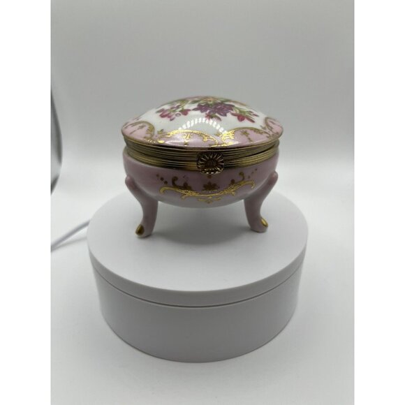 Porcelain Hand Painted Trinket Box Hinged Lid 4 Pedestal Legs Pink Floral VTG - Picture 12 of 16